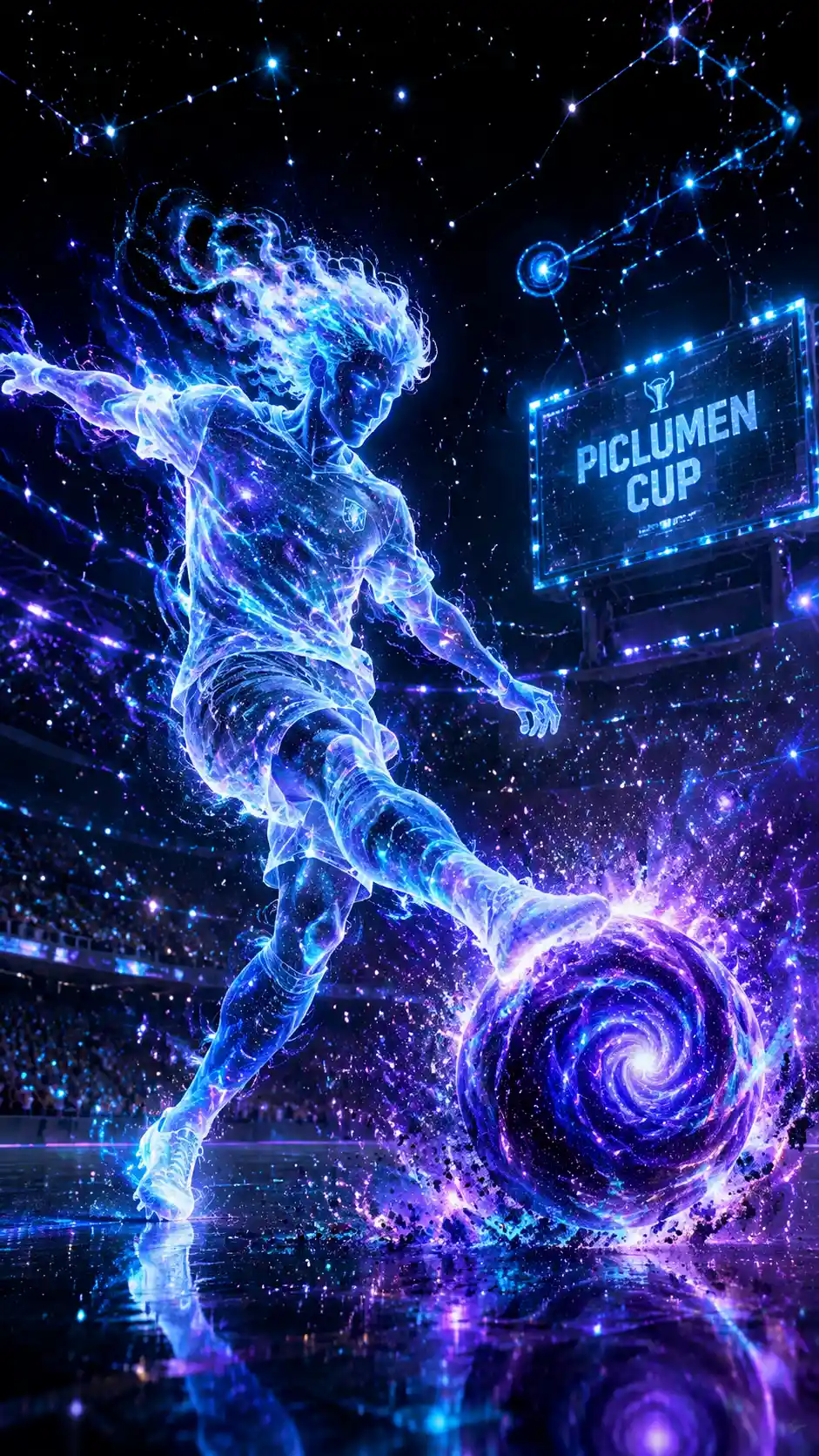Celestial soccer player kicking a glowing cosmic galaxy ball