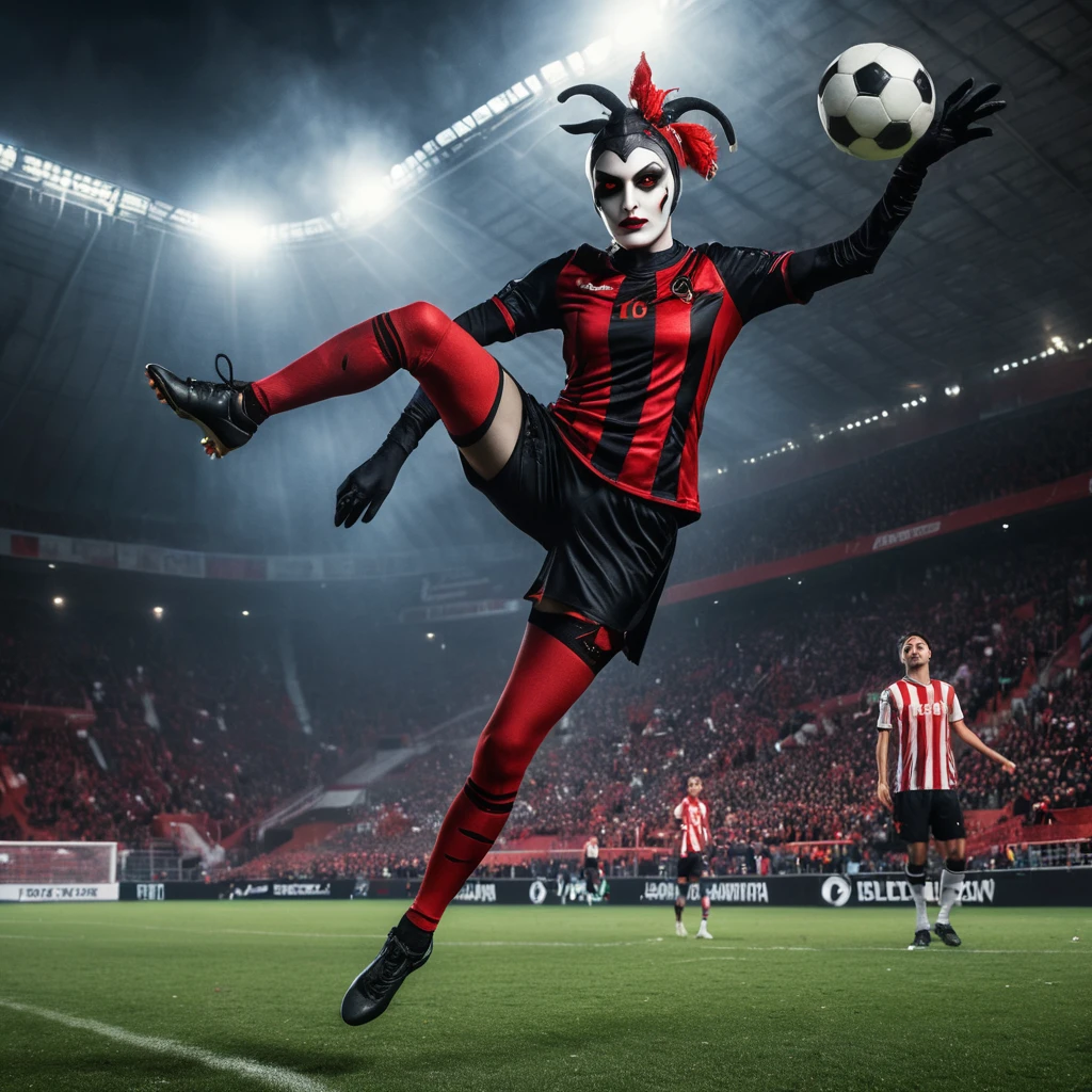 Dark fantasy female athlete kicks a blazing soccer ball