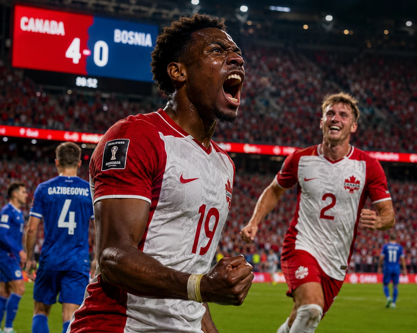 Soccer match in modern stadium with Canada leading Bosnia
