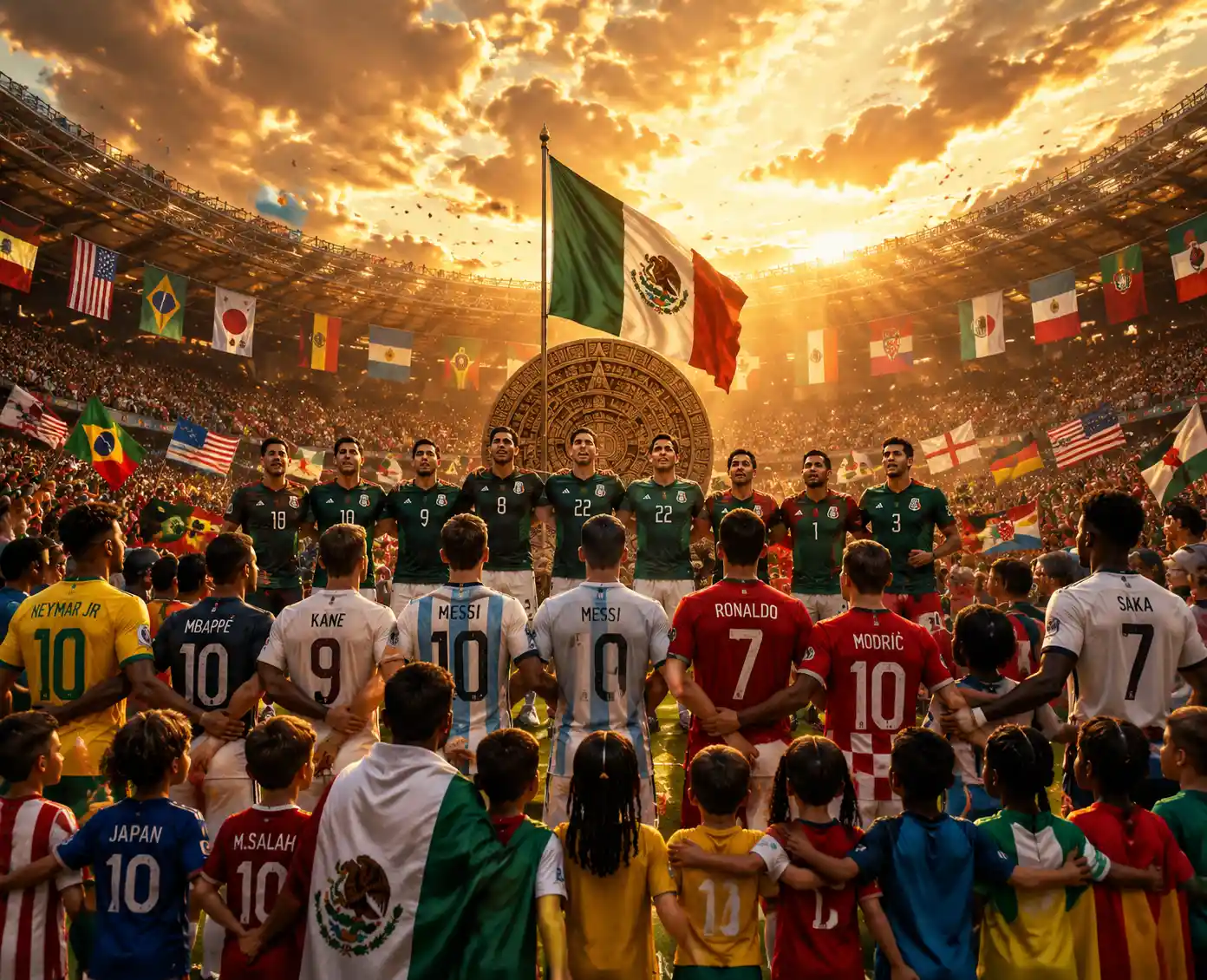 Mexican national team in sunset lit World Cup stadium