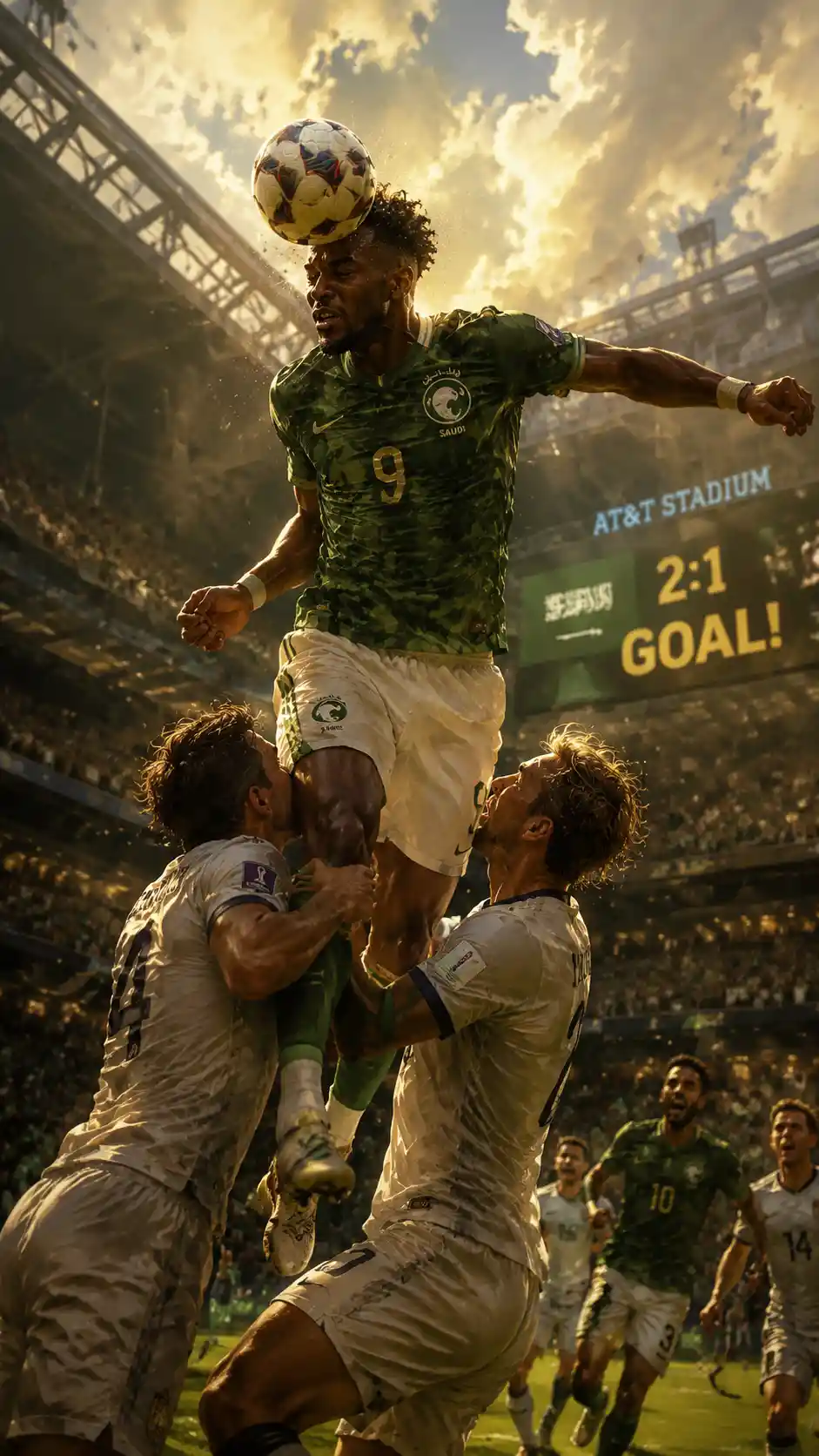 Young striker scoring a powerful header in bright stadium