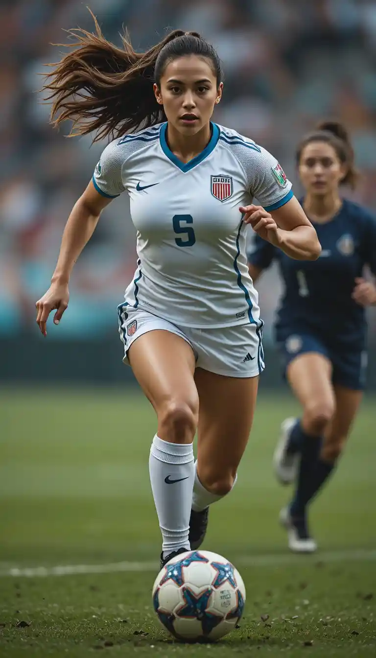 Female midfielder sprinting forward with the soccer ball
