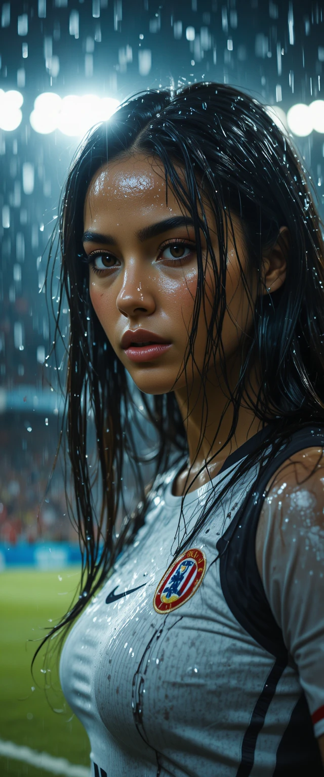 Latina soccer player in rain under intense stadium lights