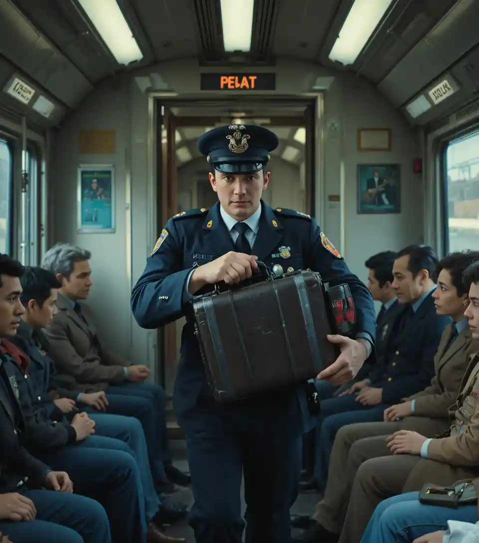 Railway guard carrying bomb suitcase in crowded train
