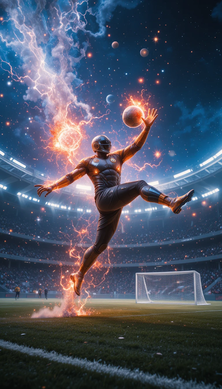 Goalkeeper Leaping Through Cosmic Vortex To Save Asteroid Ball