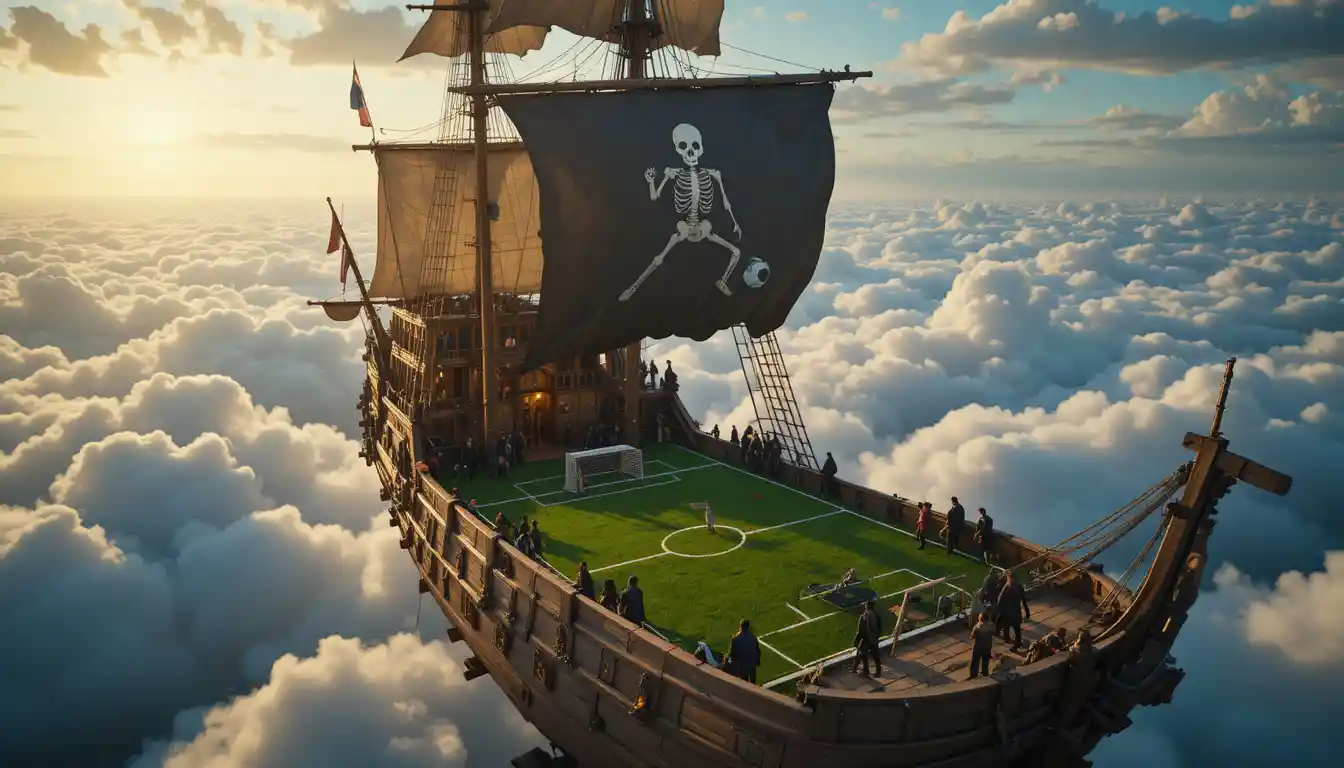 Nave pirata volante con campo da calcio nel cielo sopra le nuvole
