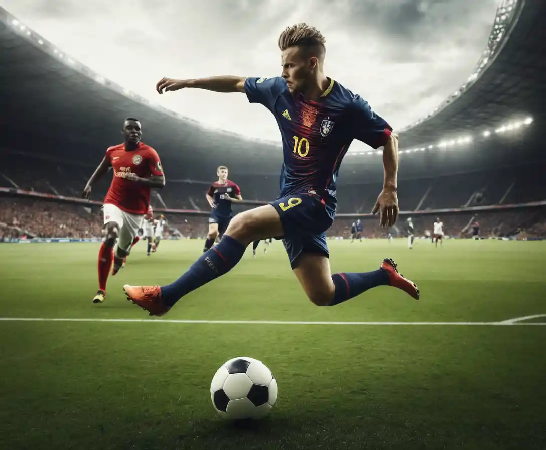 Soccer player running on pitch pursued by opponents