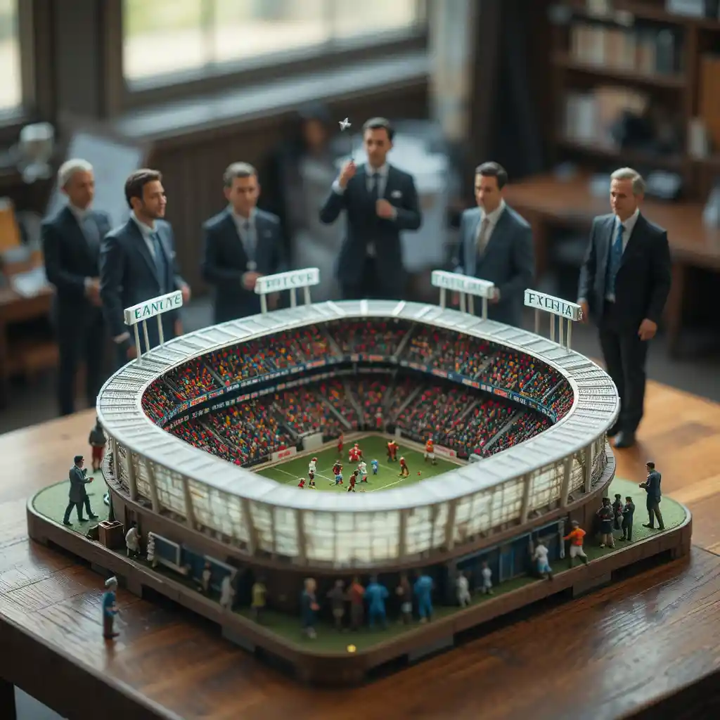 Miniature Soccer Stadium Match On A Wooden Table