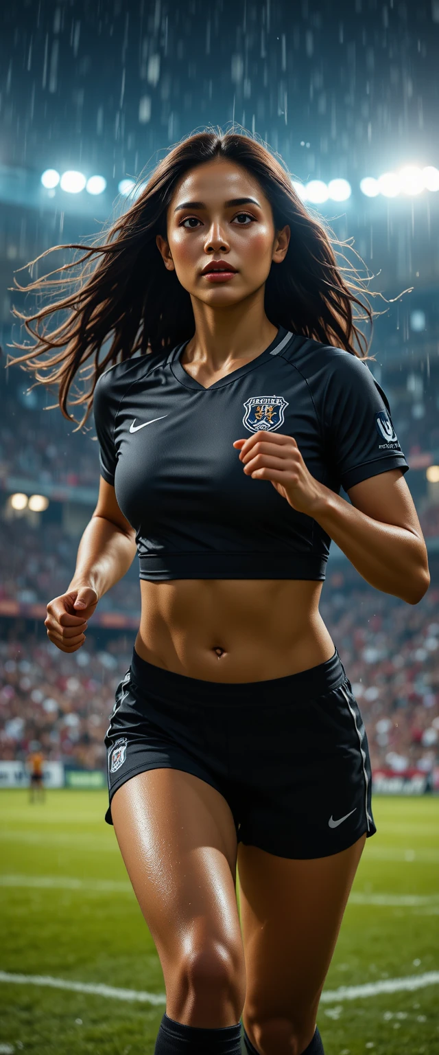 Latina soccer player running under bright stadium lights