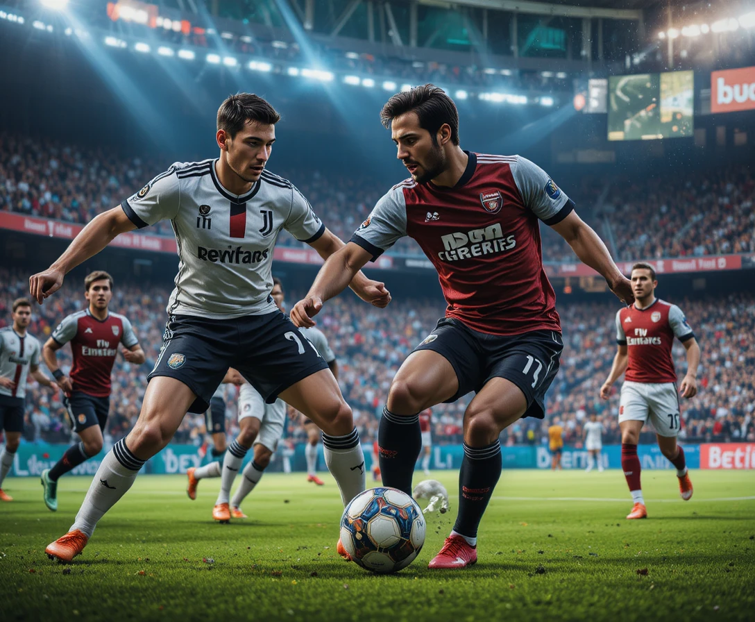 Dynamic soccer scene between two professional football teams