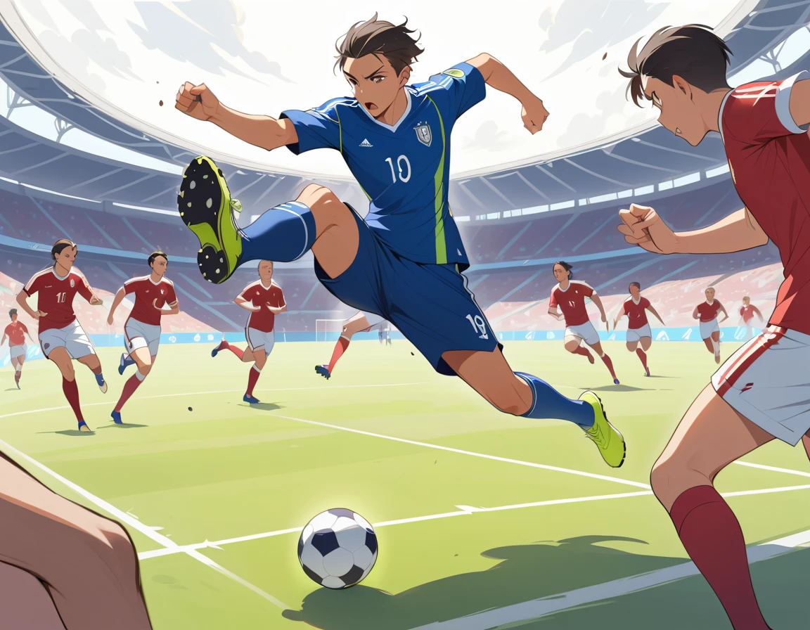 Soccer player running on the pitch chased by opponents