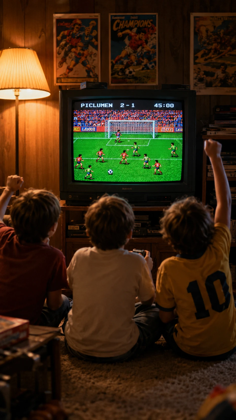 Children playing retro video game in cozy living room