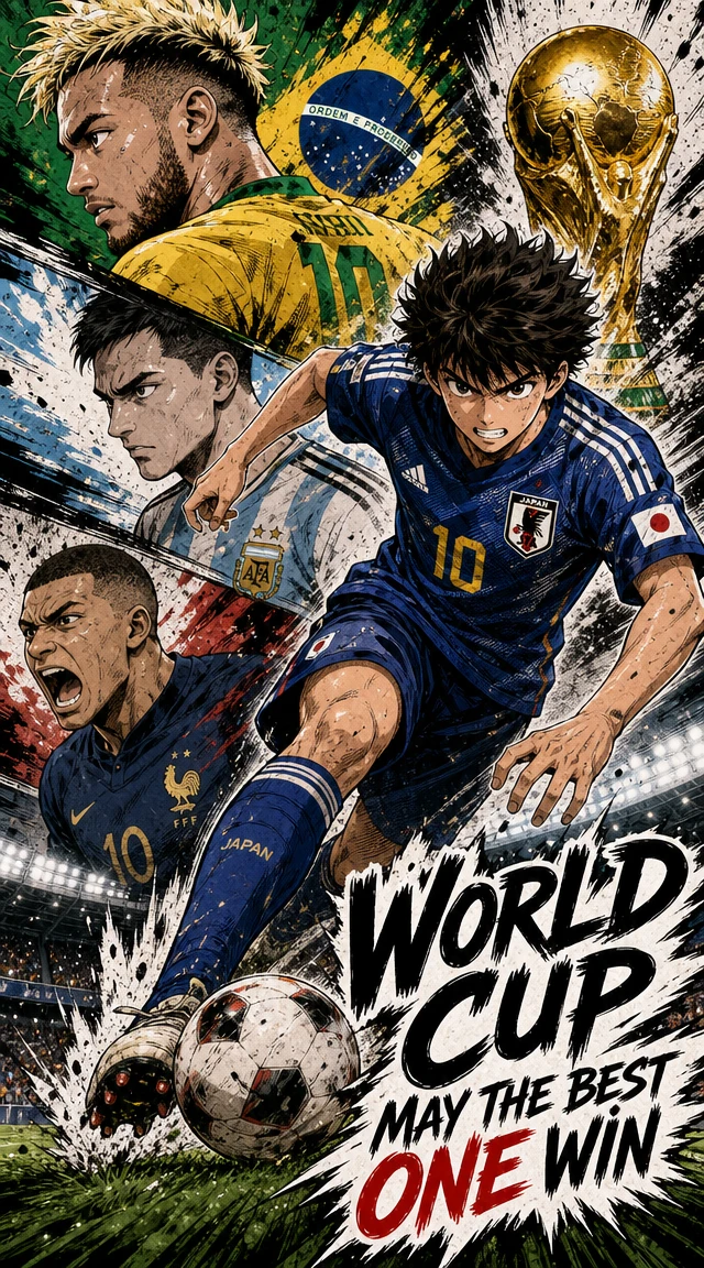 Soccer player with bold manga style World Cup typography