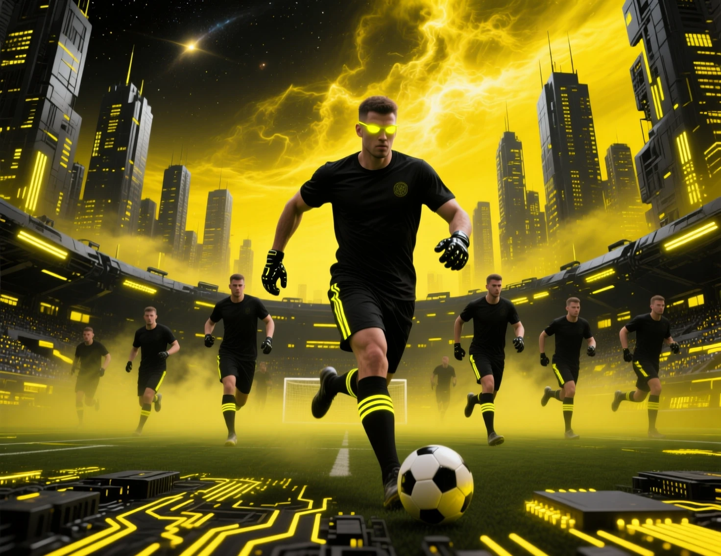 Futuristic soccer players in a neon city stadium