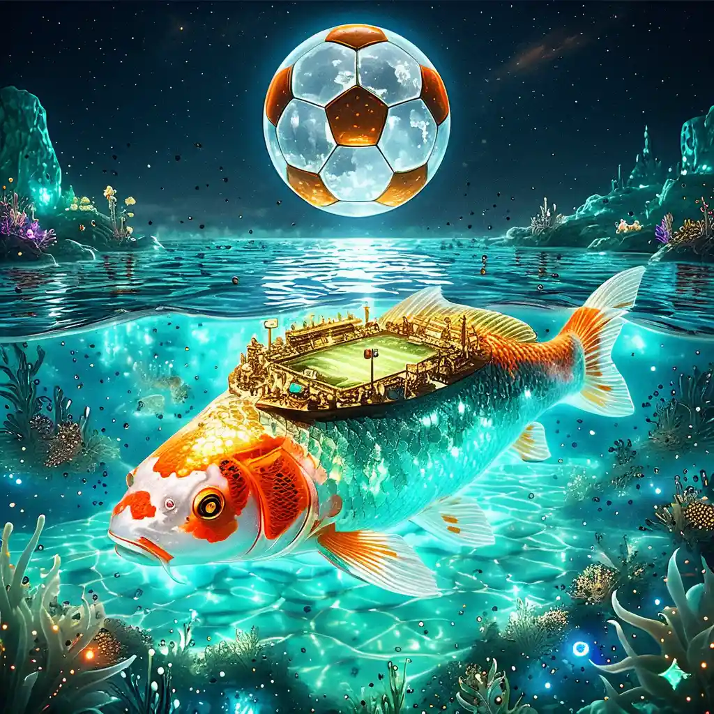 Giant koi fish carrying a glowing soccer city at night