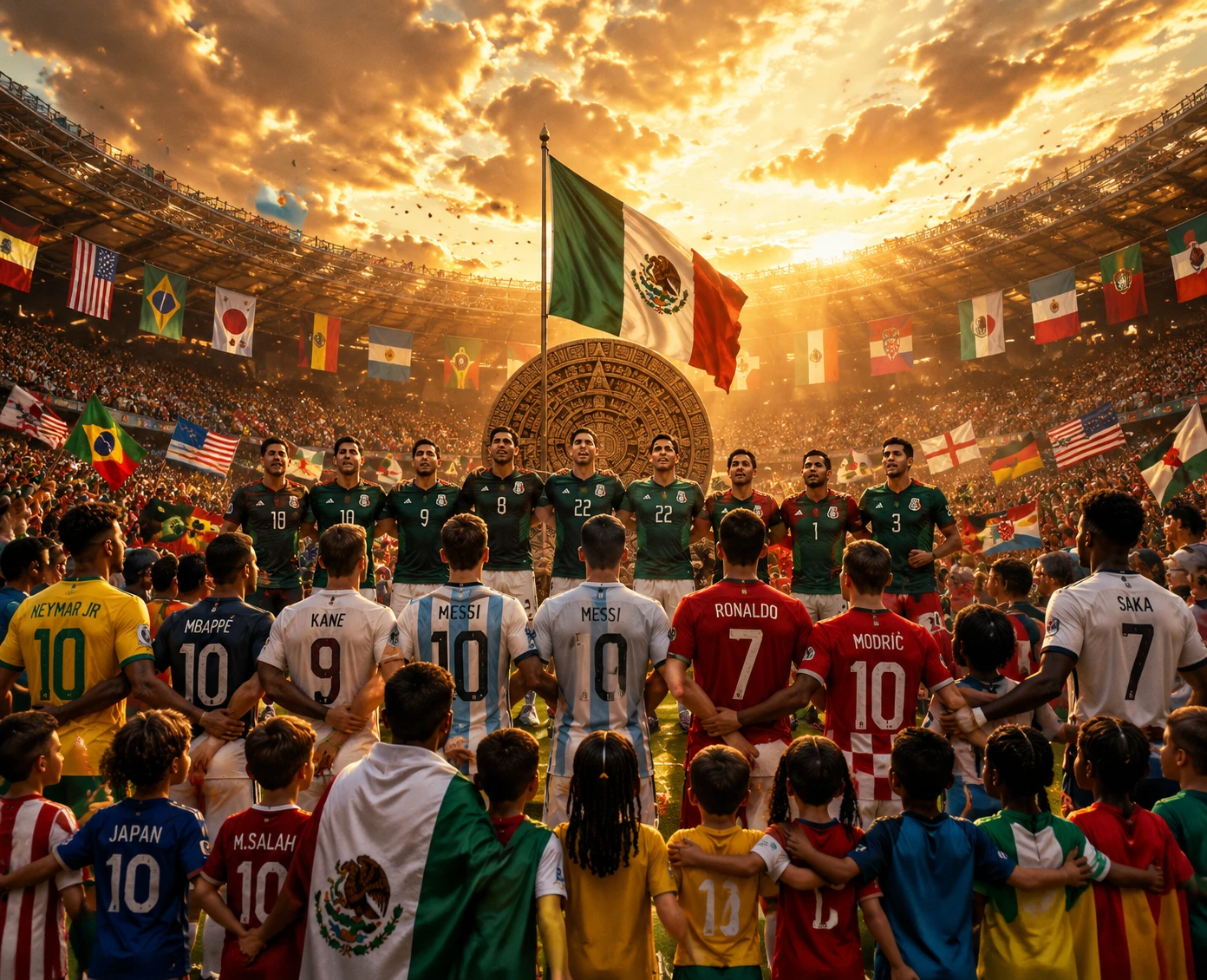 Mexican national team in sunset lit World Cup stadium