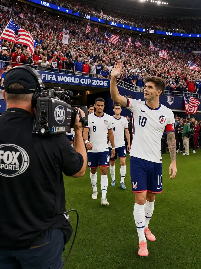 Soccer players entering the field greeting cheering american fans