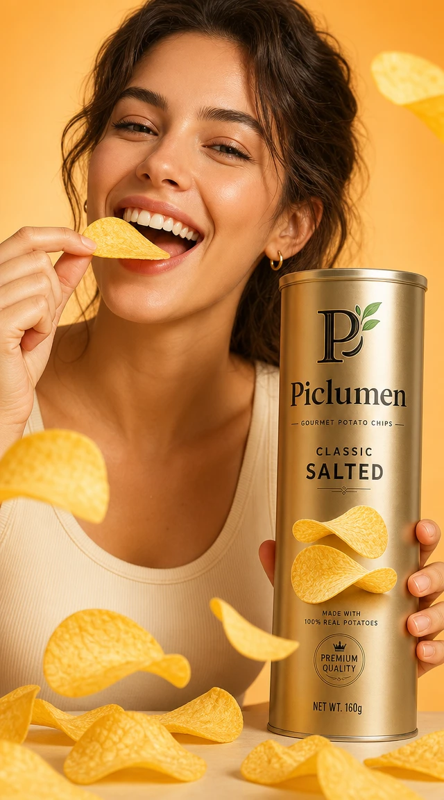 Joven alegre disfrutando de crujientes patatas fritas doradas