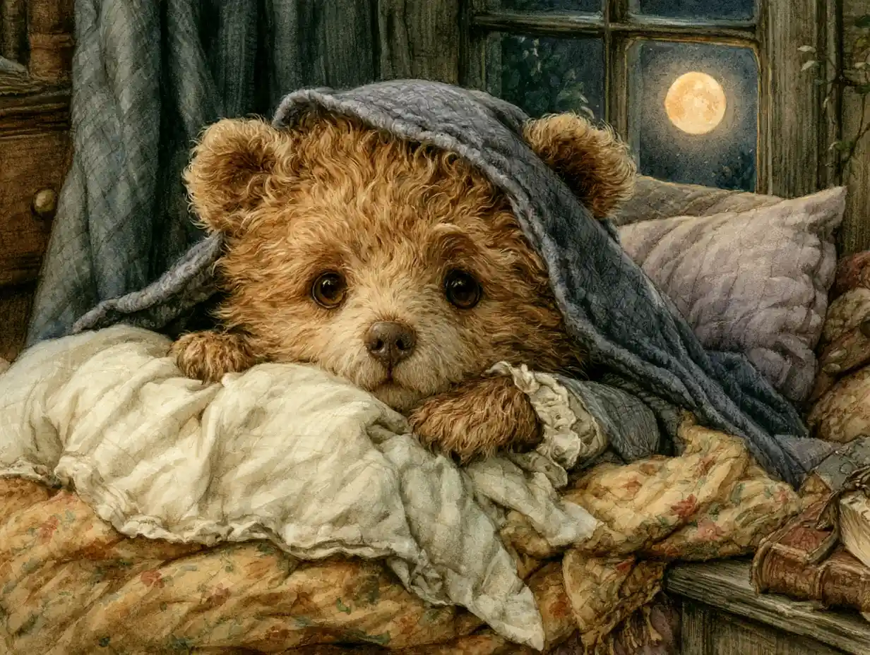 Little bear tucked in bed under a gentle moonlit sky