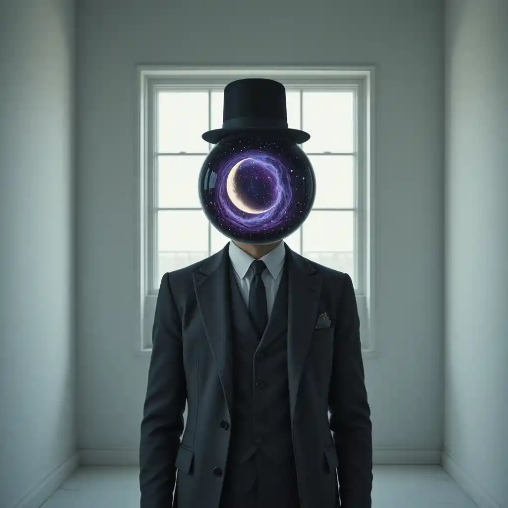 Surreal gentleman with terrarium galaxy face in white room