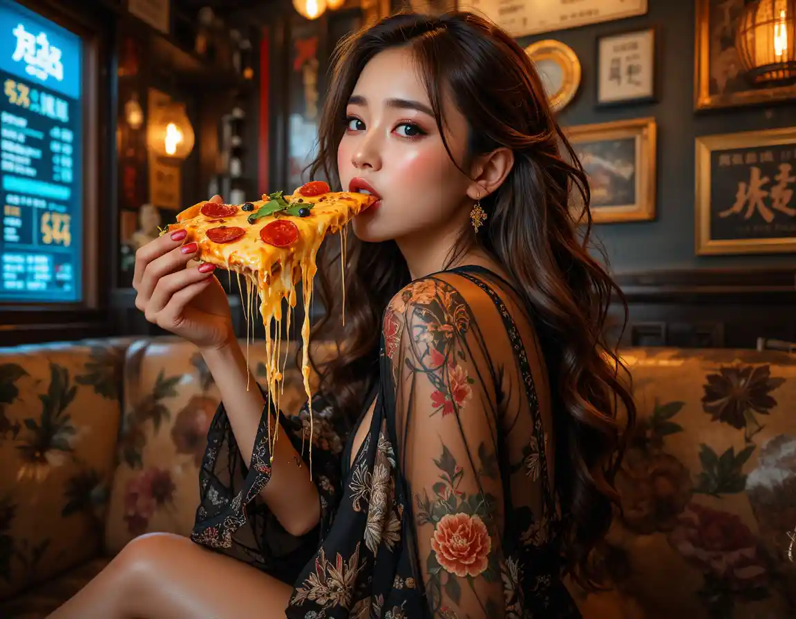 Glamorous woman eating pizza in glowing stylized portrait