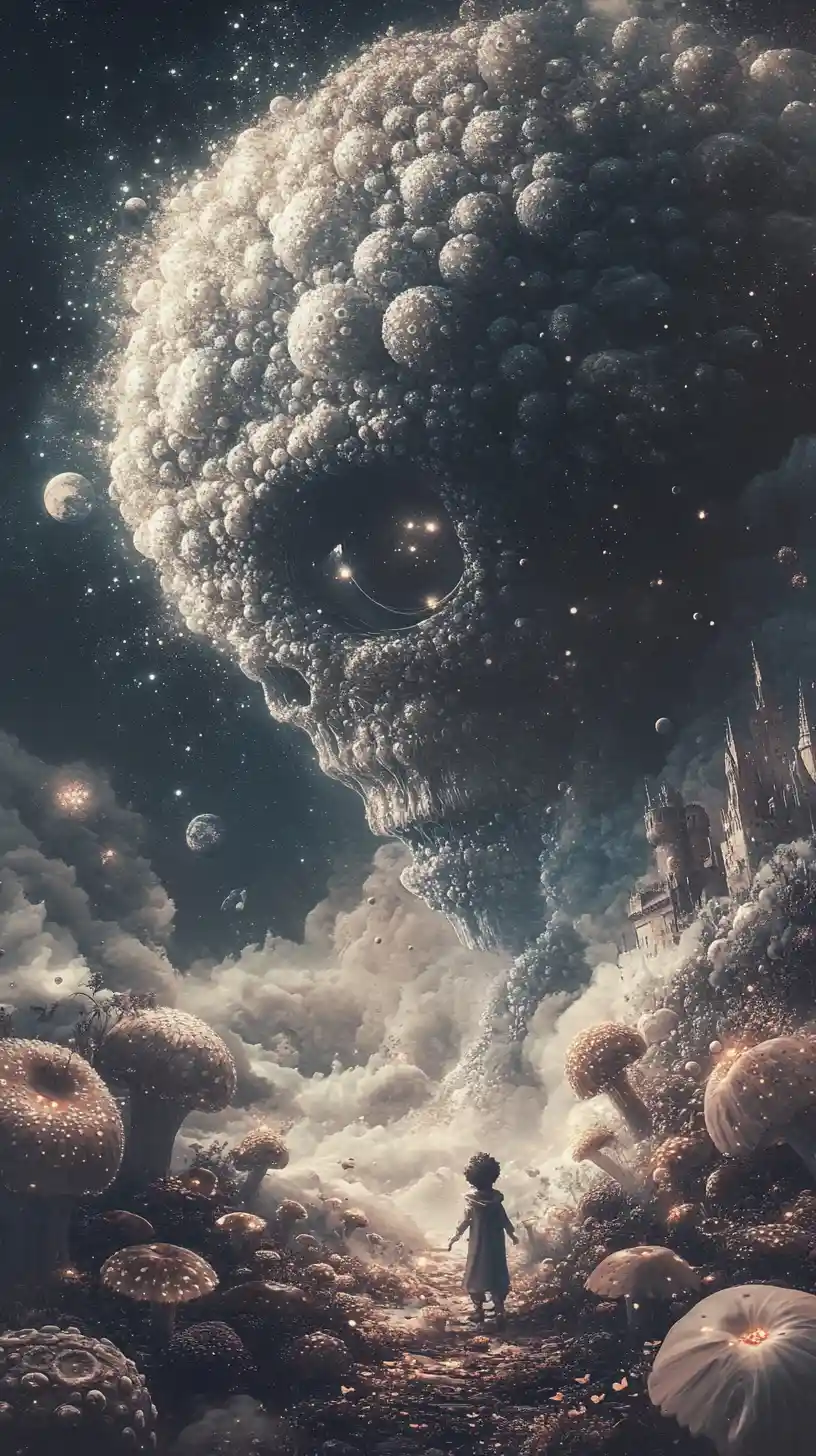 Child meeting a dissolving cosmic creature under starry sky