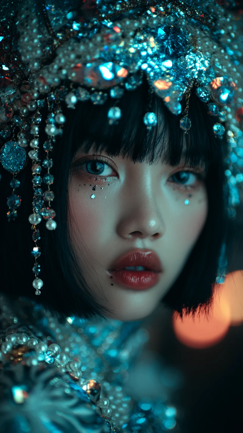 Young woman in jeweled headdress with dramatic blue lighting