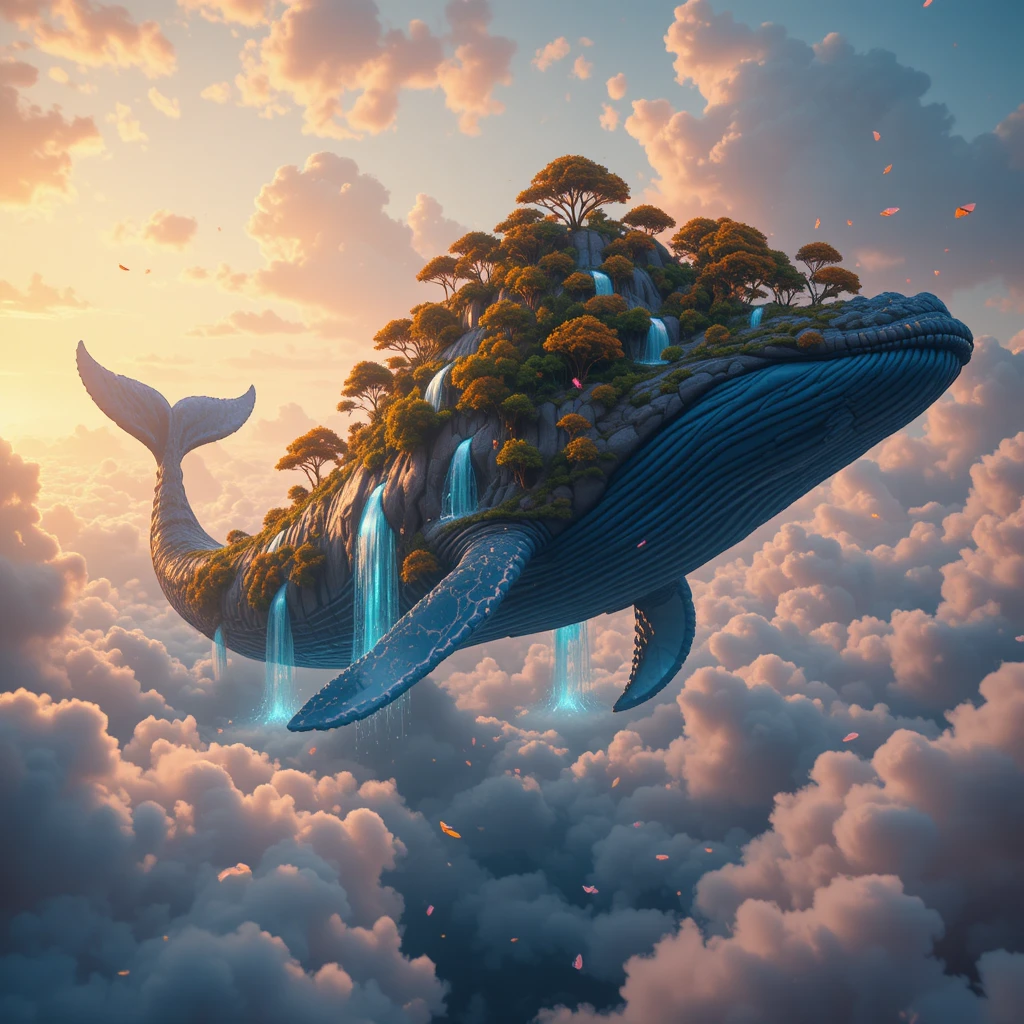 Colossal Blue Whale Sailing Through Surreal Sunset Clouds