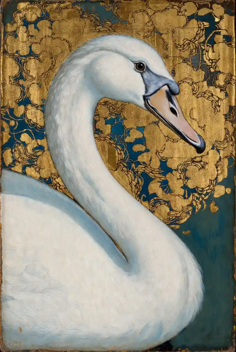 Tempera painting of a white swan in formal profile on panel
