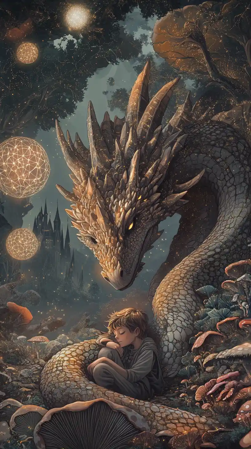 Child druid resting with a dragon in a surreal forest