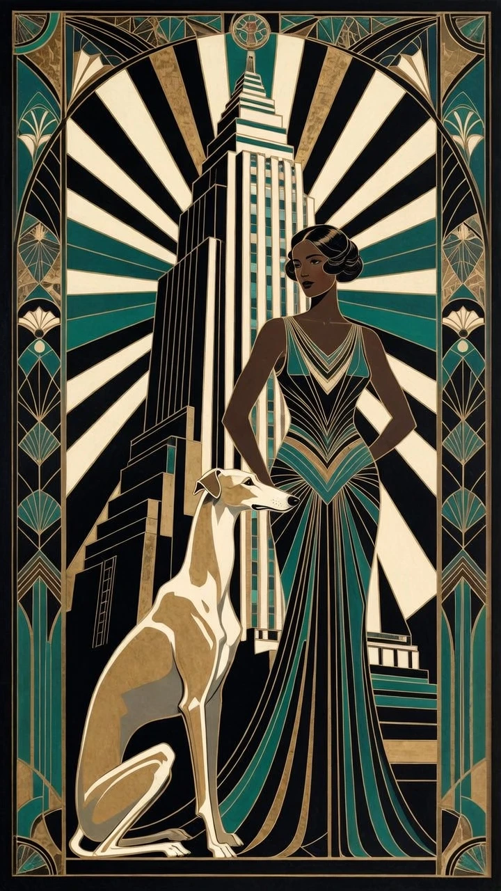 Art Deco woman and greyhound before towering city skyscraper