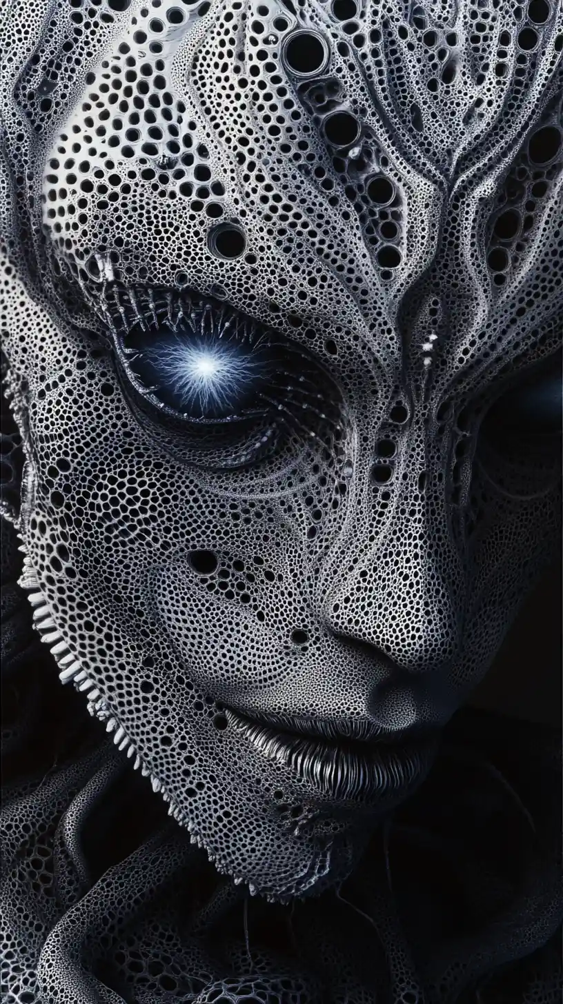 Surreal alien mandala entity with glowing cyan core eye