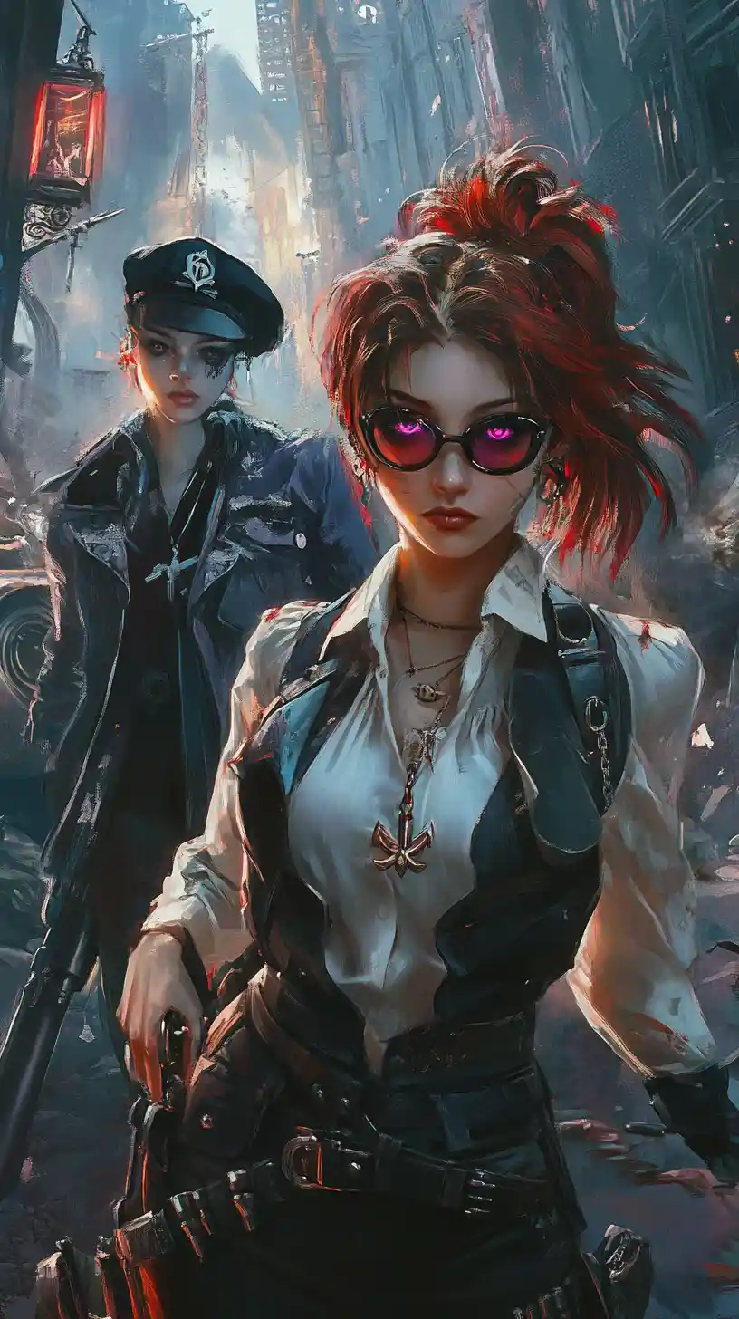 Tired girl with pistol in ruined post apocalyptic city