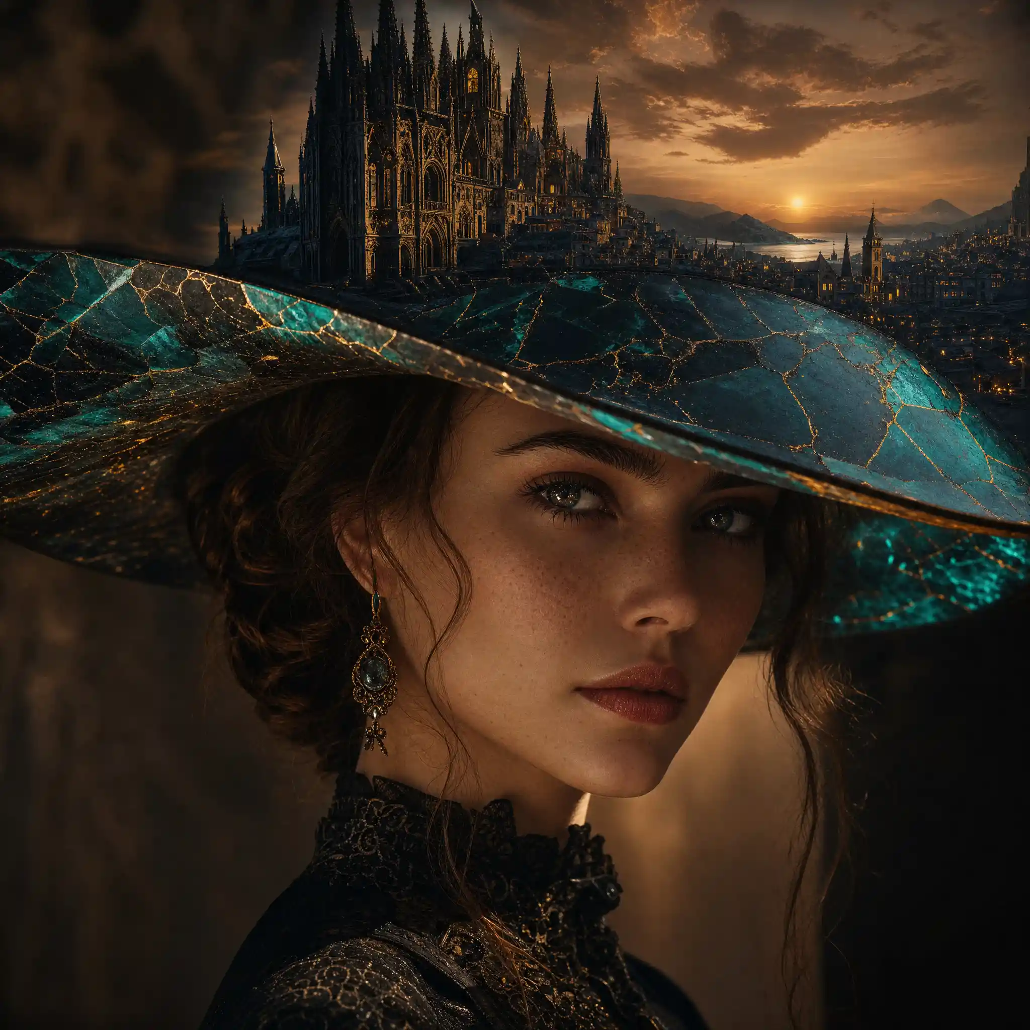 Woman in wide brim hat with surreal cathedral skyline