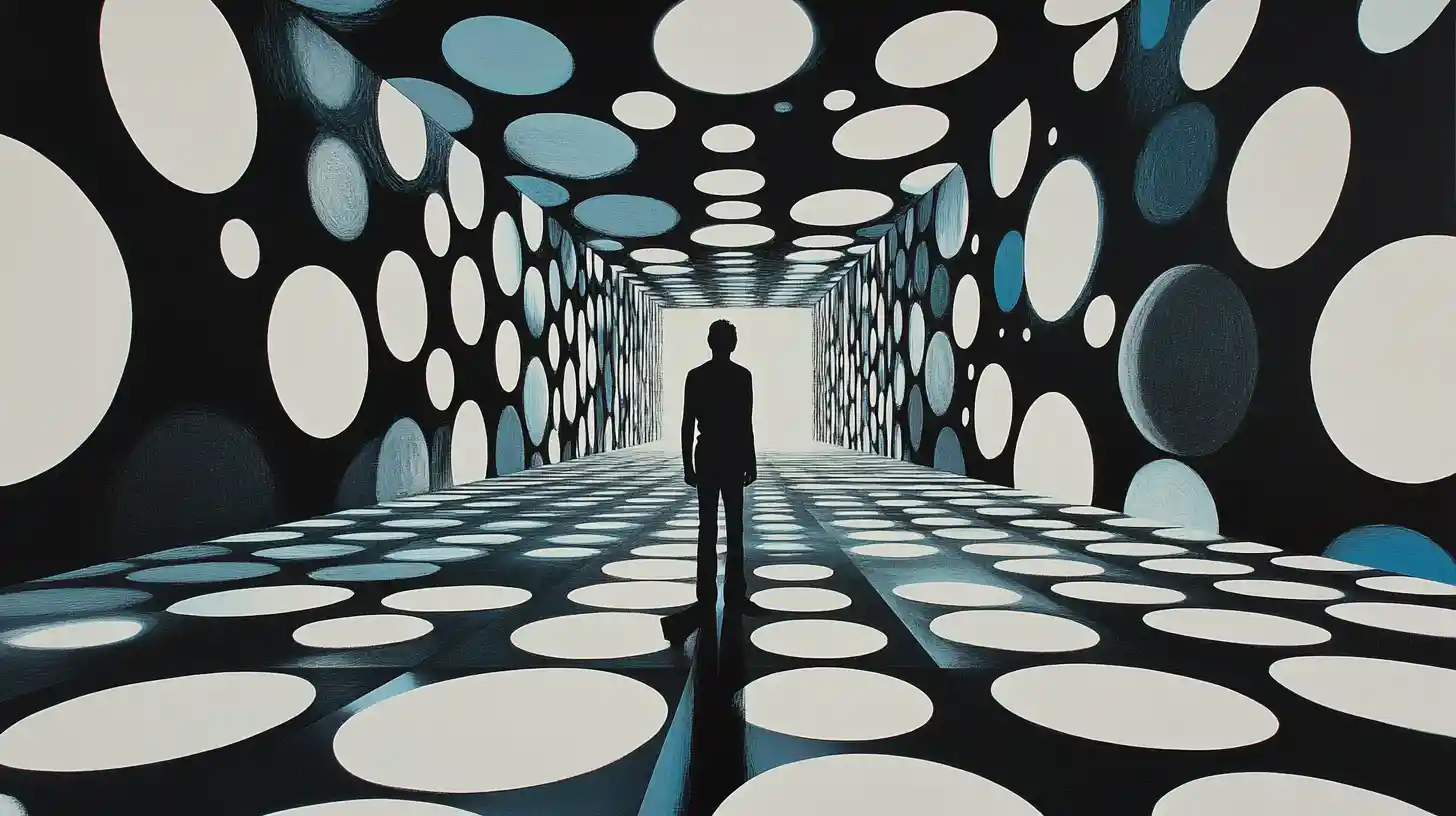 Figure Overseeing Abstract Polka Dot Grid Composition