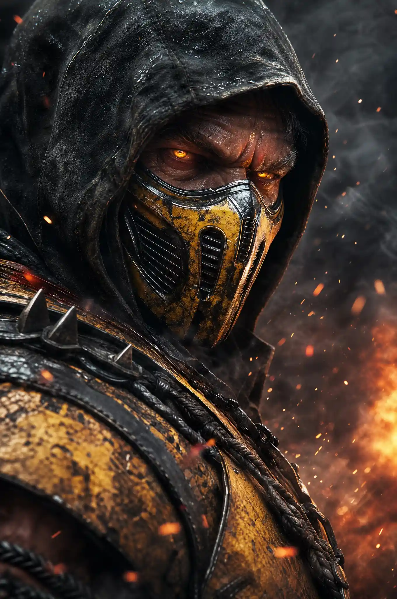 Masked ninja warrior portrait in fiery close up