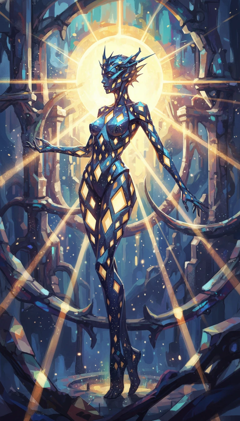 Slender fantasy heroine with diamond cutouts and glowing light