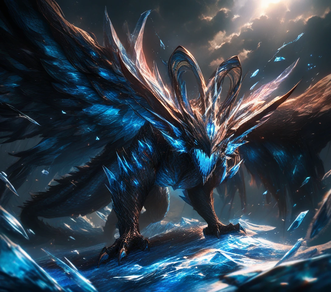 Ancient blue dragon on shattered ice mountain in storm