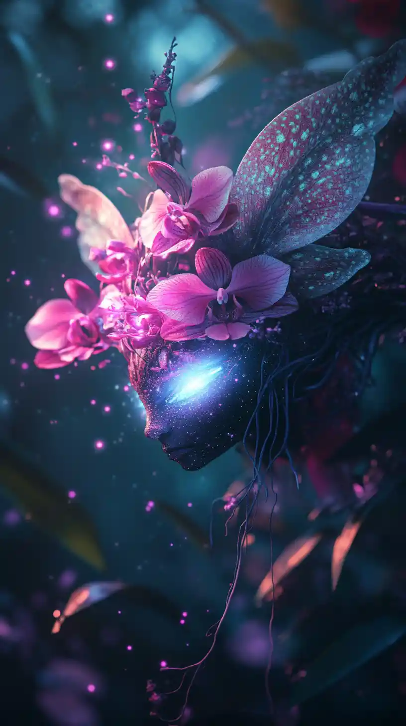 Ethereal creature with orchid halo in glowing forest