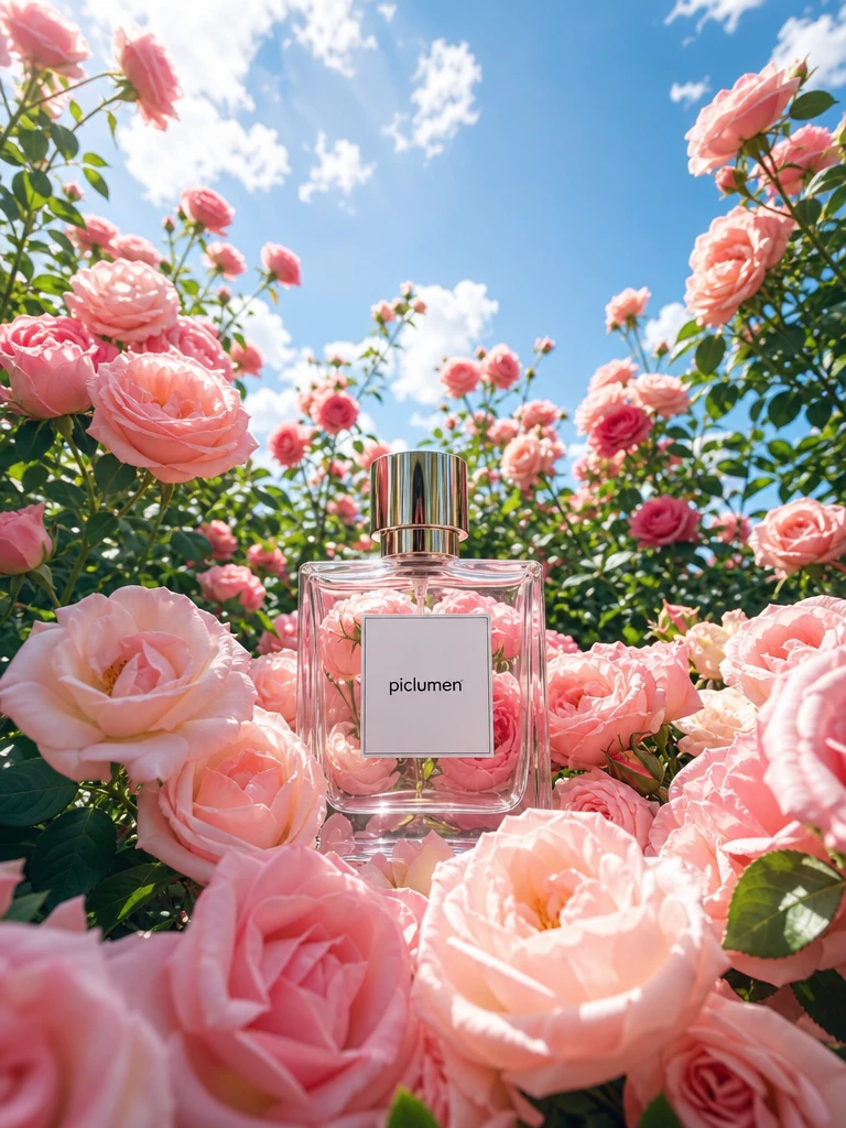 Flacon de parfum en cristal parmi des roses roses en fleurs