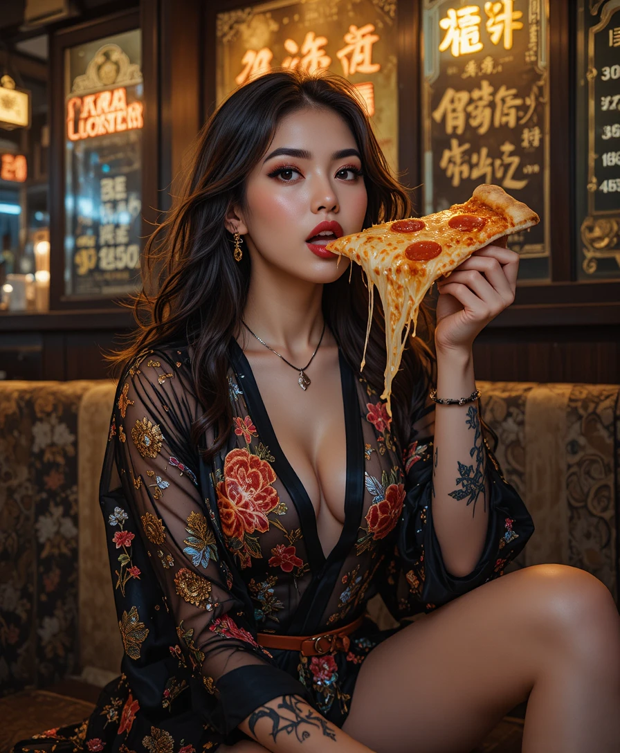 Close up woman biting cheesy pepperoni pizza slice