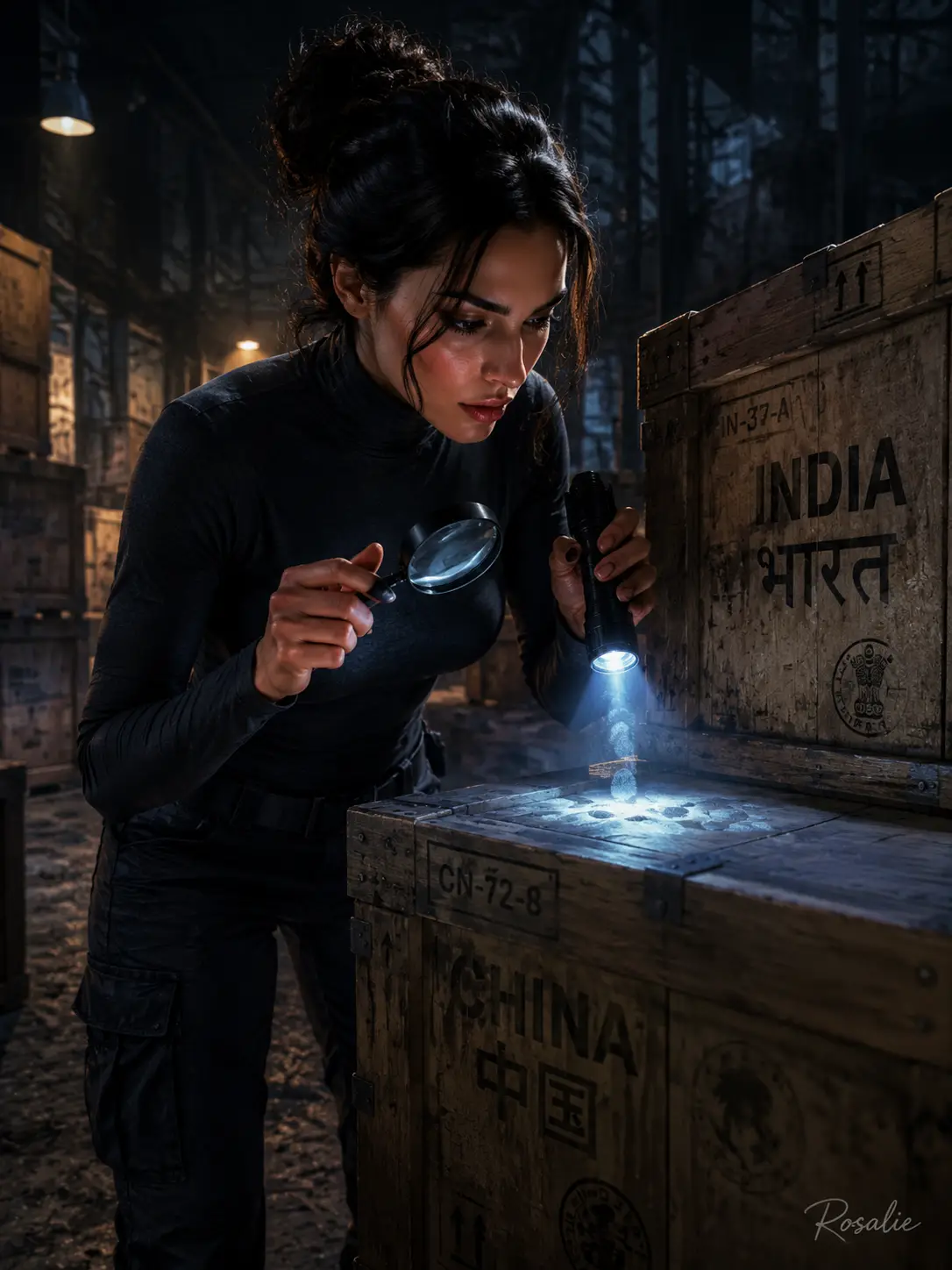 Italian spy inspecting cargo crates in dark warehouse