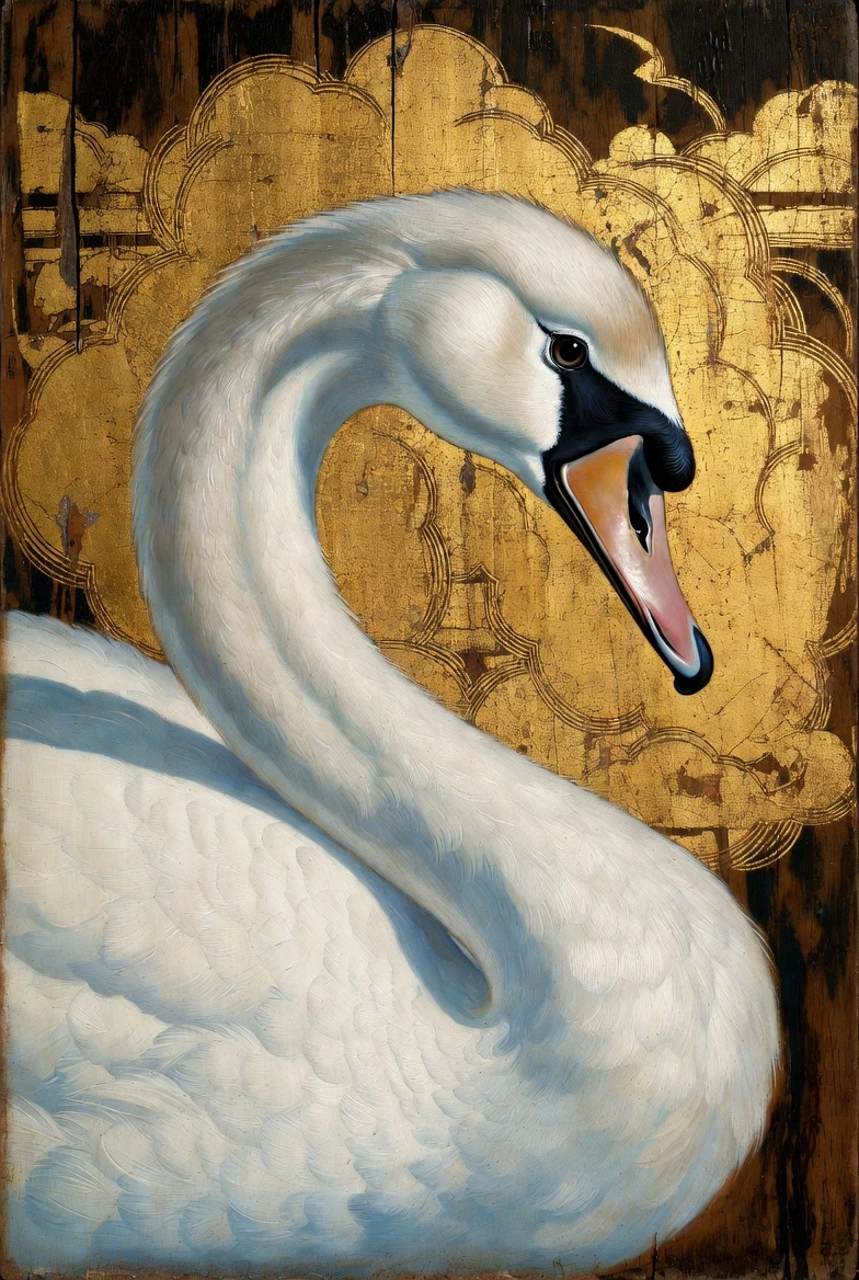 Tempera painting of a white swan with gold cloud background