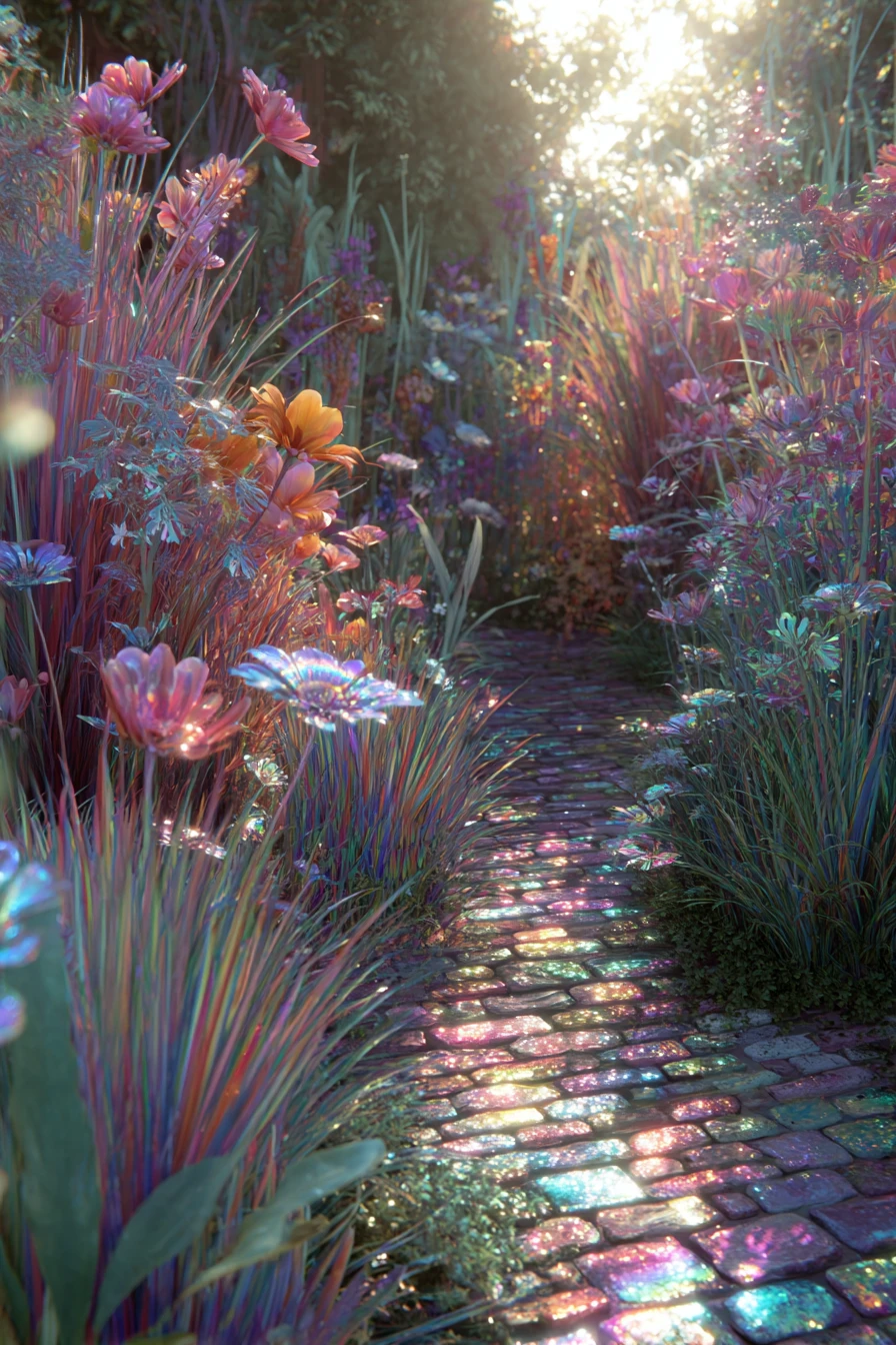 Iridescent fantasy garden with mirrored flowers and path