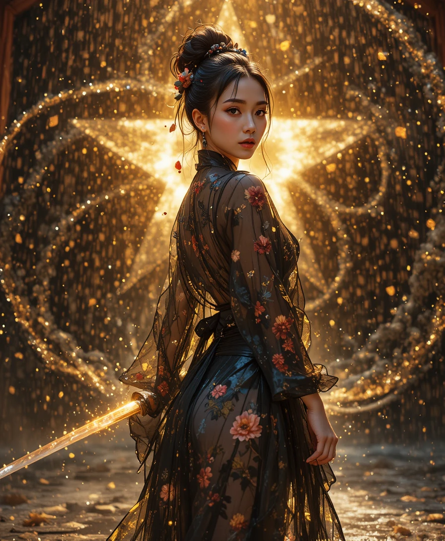 Woman with glowing katana amid golden particle curtain