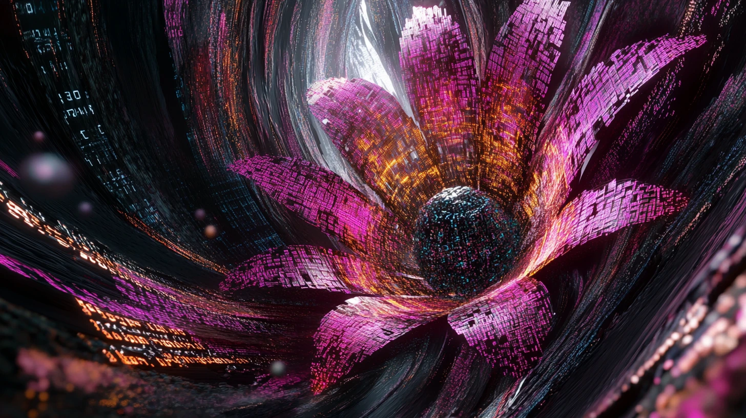 Giant digital flower stretching through a glowing data tunnel