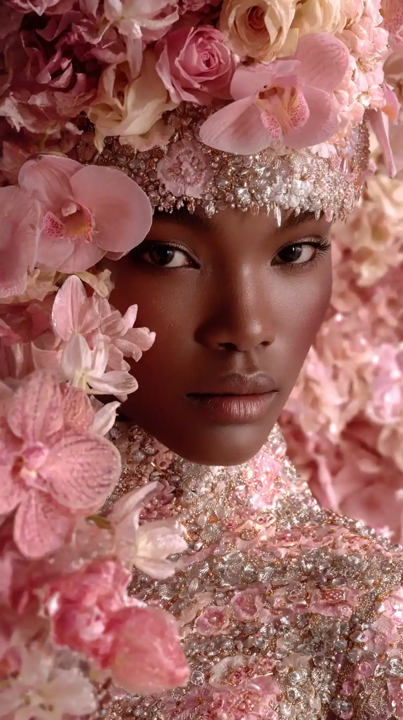 Couture woman with floral gown and crystal halo