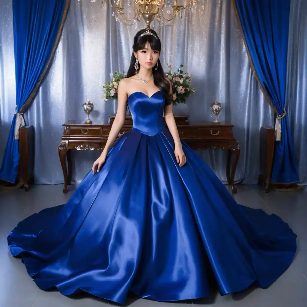 Elegant Japanese girl in royal blue satin ball gown