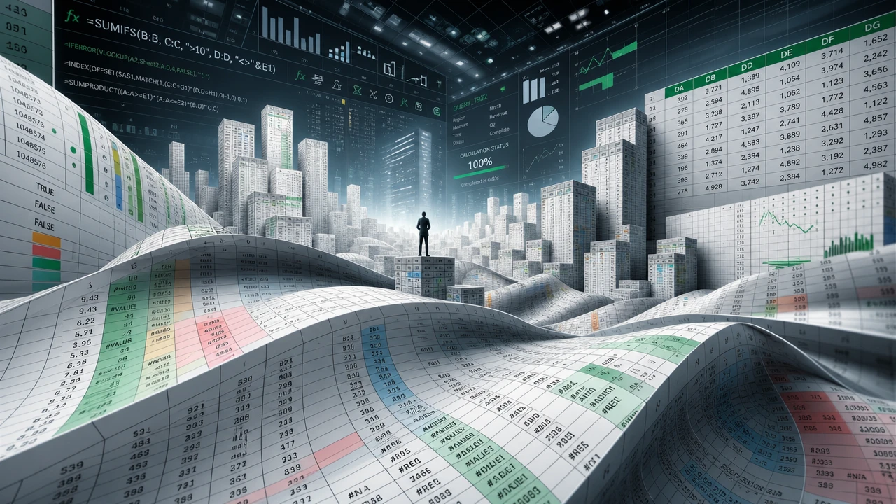 Vast spreadsheet landscape pulsing with synchronized data waves