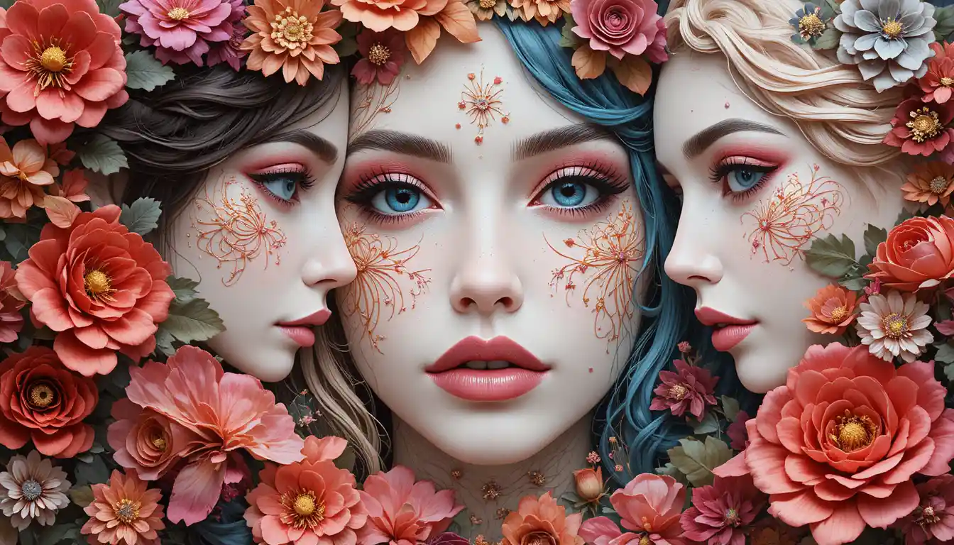 Watercolor paper art portrait of a sensual floral woman